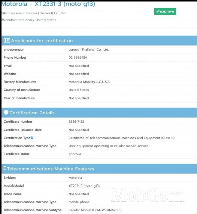 Motorola Moto G13 NBTC certified