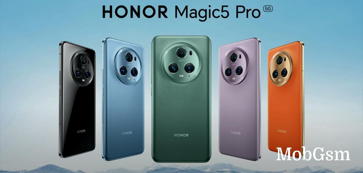 Honor Magic5 Pro in  Glacier Blue, Meadow Green, Coral Purple, Orange and Black