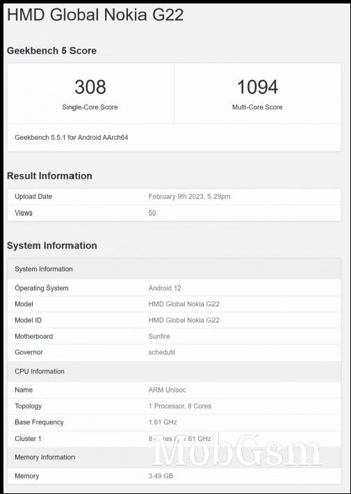 Nokia G22 GeekBench result