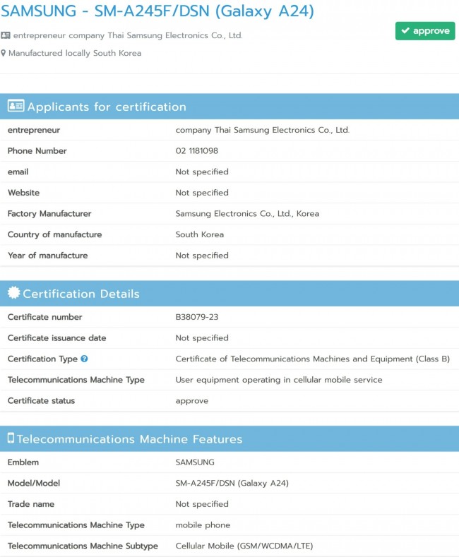 Samsung Galaxy A24 on NBTC