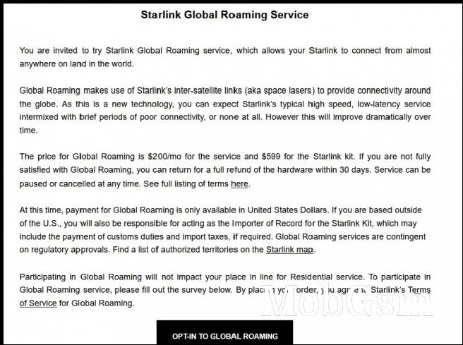 Starlink Global Roaming service message