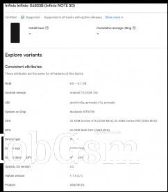 Infinix Note 30 details from the Google Play Console