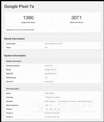 Pixel 7a listing on Geekbench