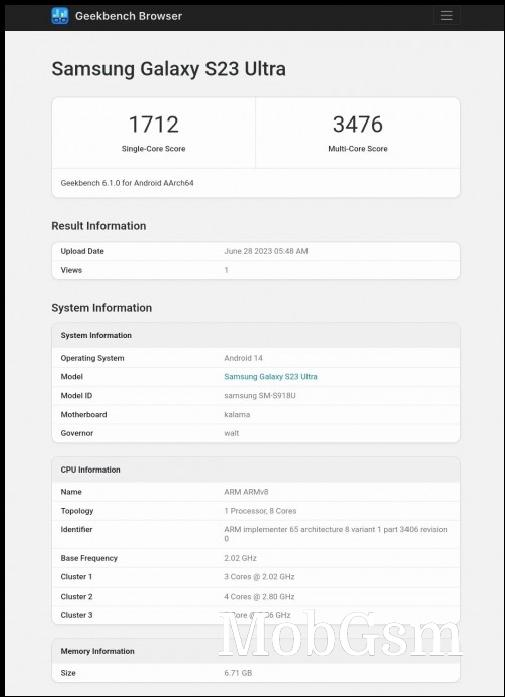 GeekBench reporting Android 14 on Samsung Galaxy S23 Ultra