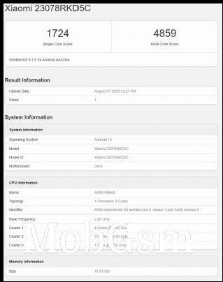 Xiaomi Redmi K60 Ultra (23078RKD5C) scorecard from Geekbench 6.1.0