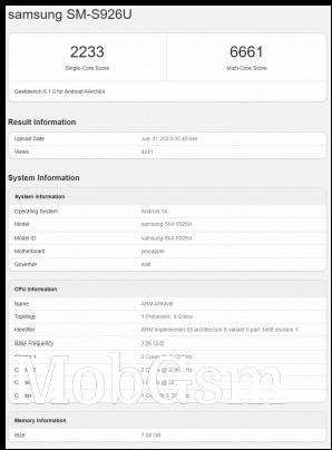 Geekbench 6.1.0 result from the Samsung Galaxy S24+ (SM-S926U)