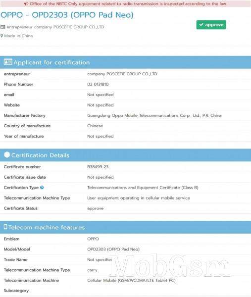 Oppo Pad Neo gets NBTC certified