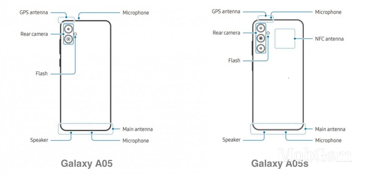 Schematic shows Galaxy A05 with a dual camera, A05s with triple cam and NFC