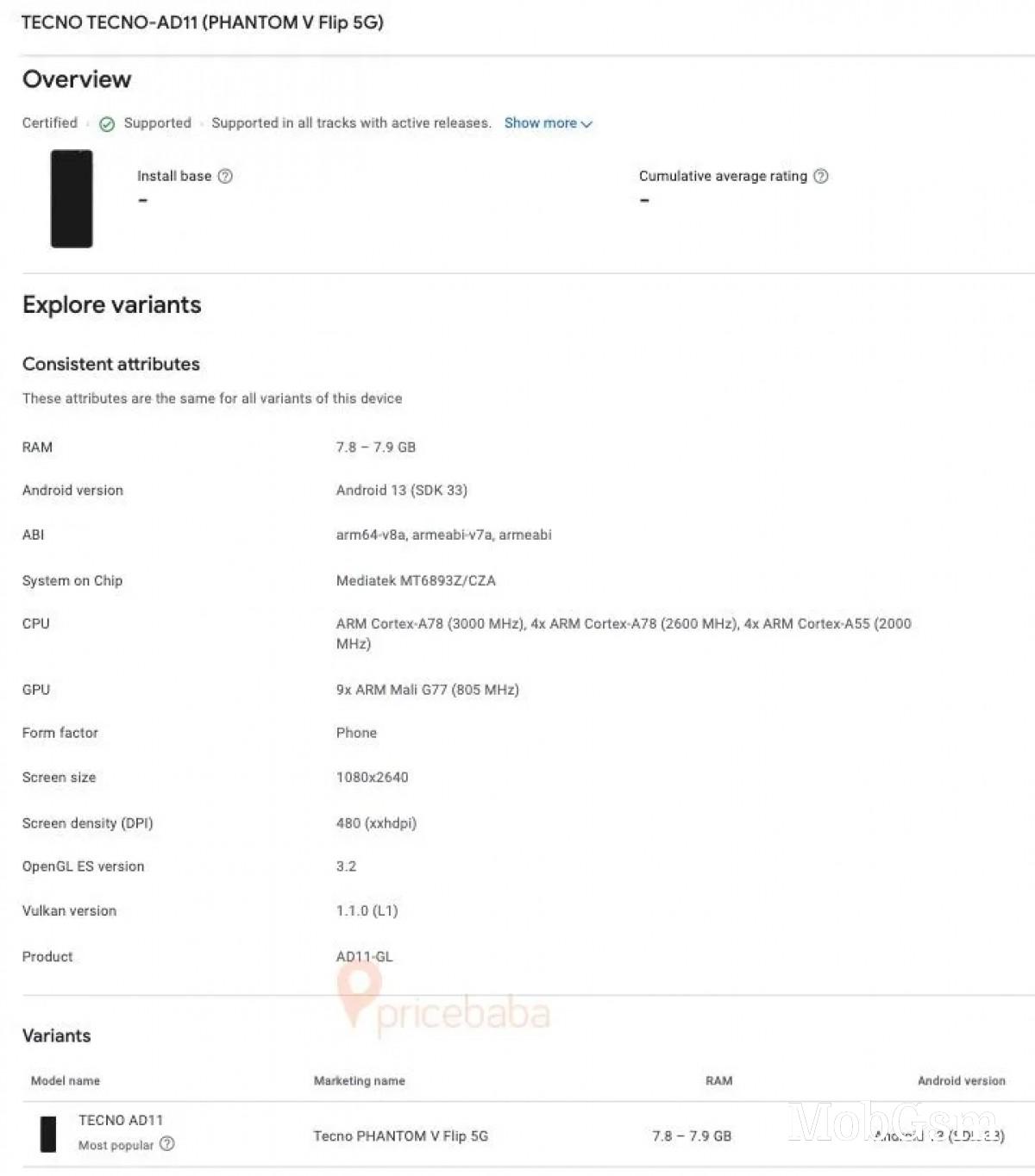 Tecno Phantom V Flip specs appear on Google Play Console