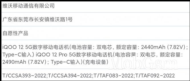 iQOO 12 and 12 Pro battery certification