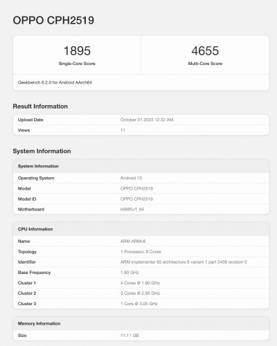 Oppo Find N3 Flip global unit on Geekbench