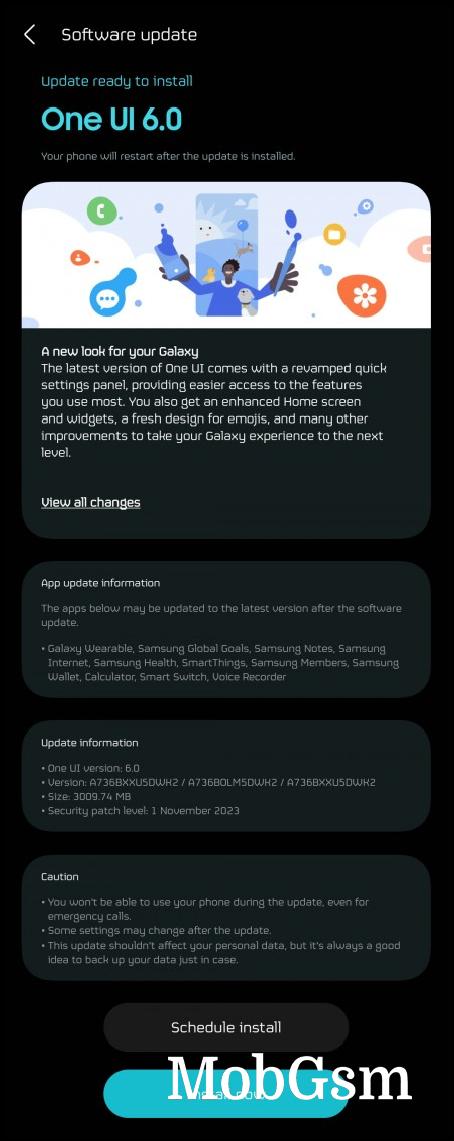 Galaxy A73 One UI 6.0 update