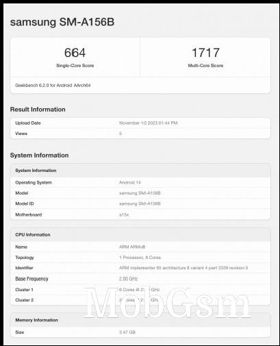 Samsung Galaxy A15 5G Geekbench scorecard