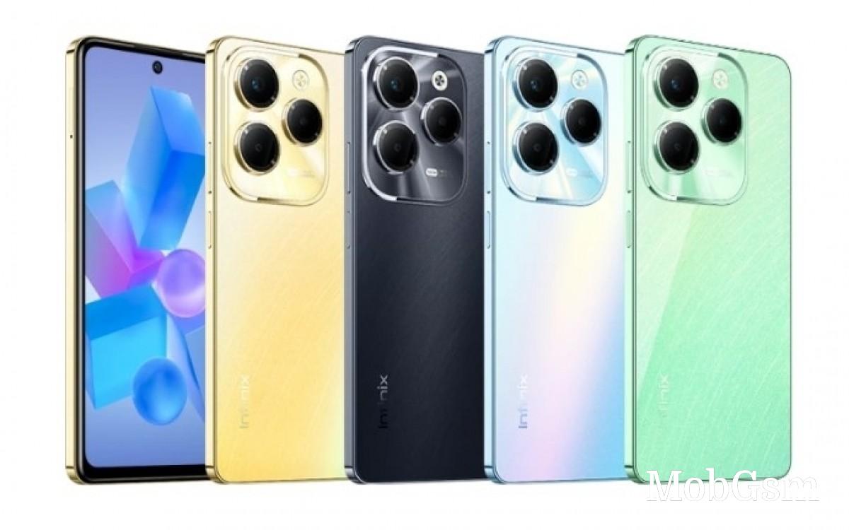  Four Infinix Note 40 Series smartphones in different colors are displayed against a blue background.