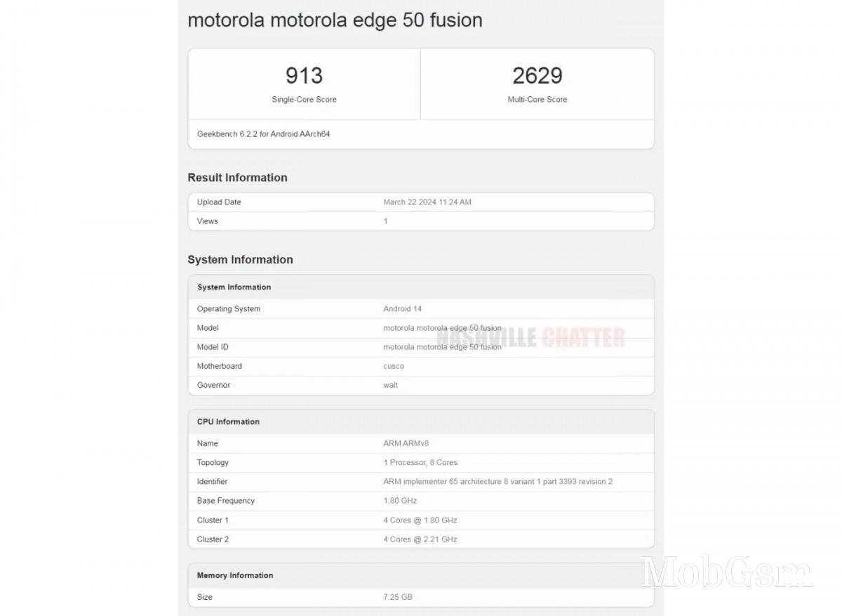 Motorola Edge 50 Fusion runs Geekbench with Snapdragon 6 Gen 1 SoC