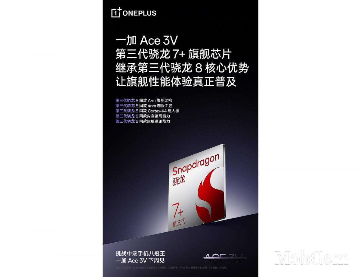 OnePlus confirms the Ace 3V is powered by the Snapdragon 7+ Gen 3 chipset