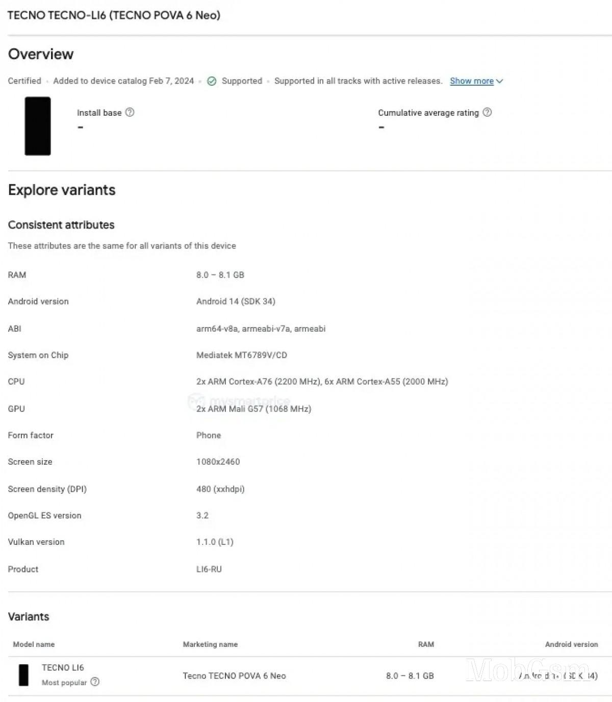 Tecno Pova 6 Neo appears on Google Play Console, key specs revealed