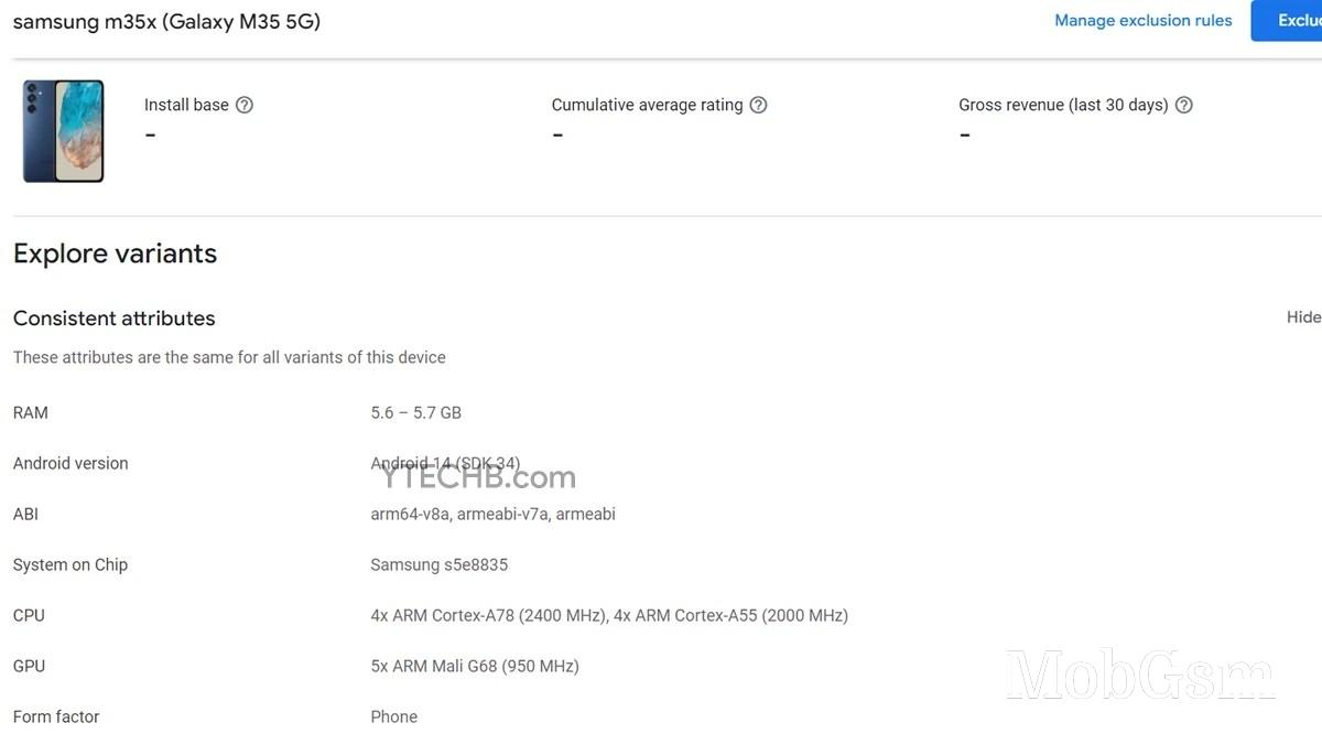 Samsung Galaxy M35 design and specs revealed on Google Play Console