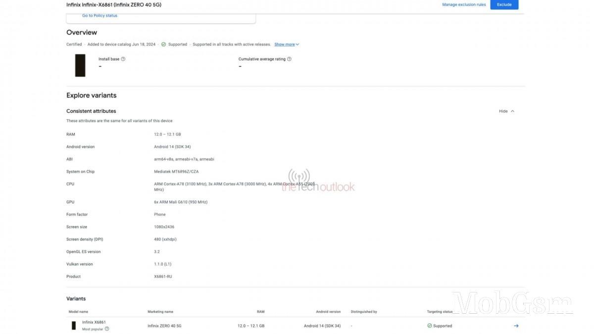 Infinix Zero 40 5G stops by the Google Play Console, gets certified with Dimensity 8200