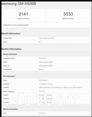 Samsung Galaxy Tab S10 Ultra (SM-X926B) scorecard from Geekbench 6.3.0