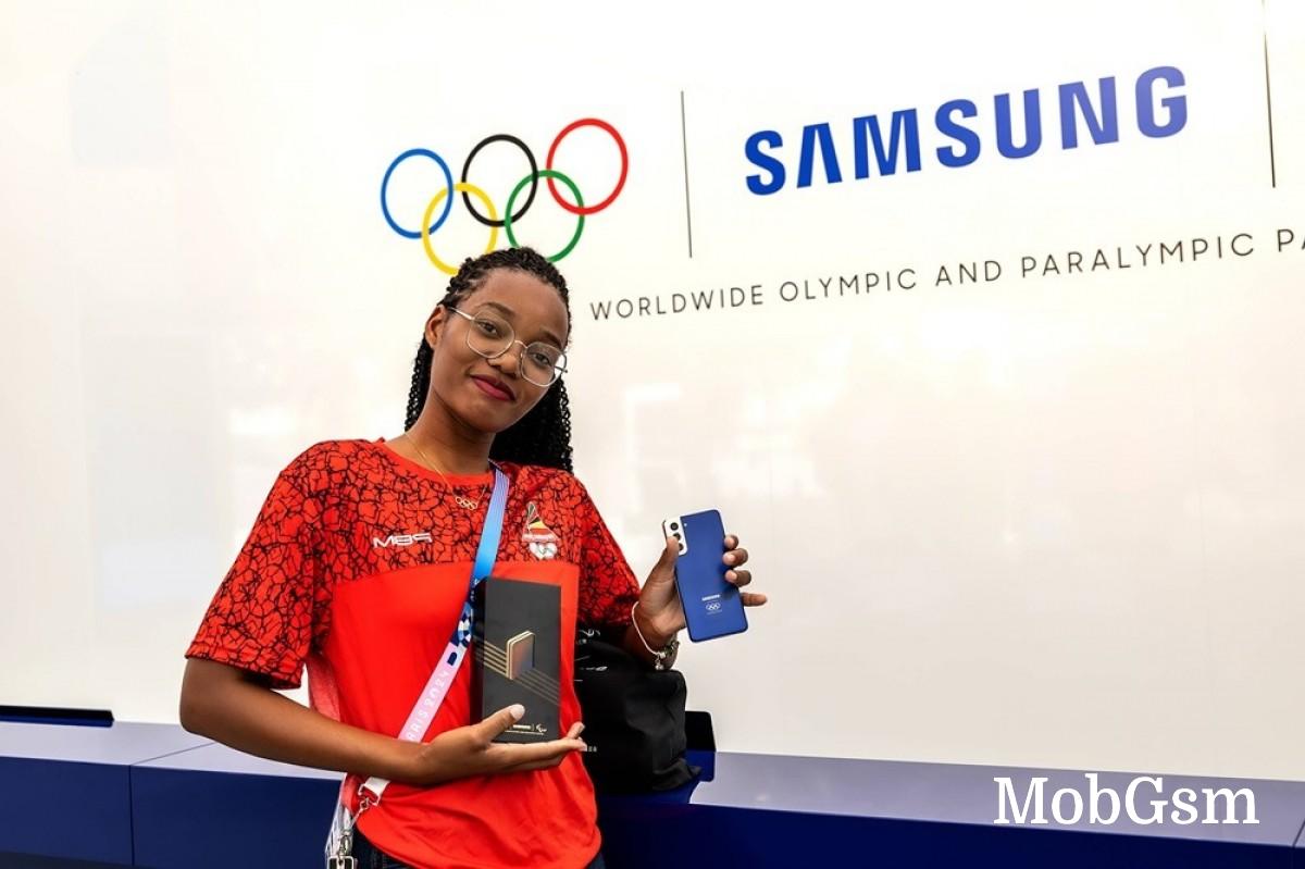 Team Mozambique athlete Deizy Nhaquile shows off her Samsung Galaxy Z Flip6 Olympic Edition and her S21 5G Olympic Games Edition from the Tokyo Olympics.