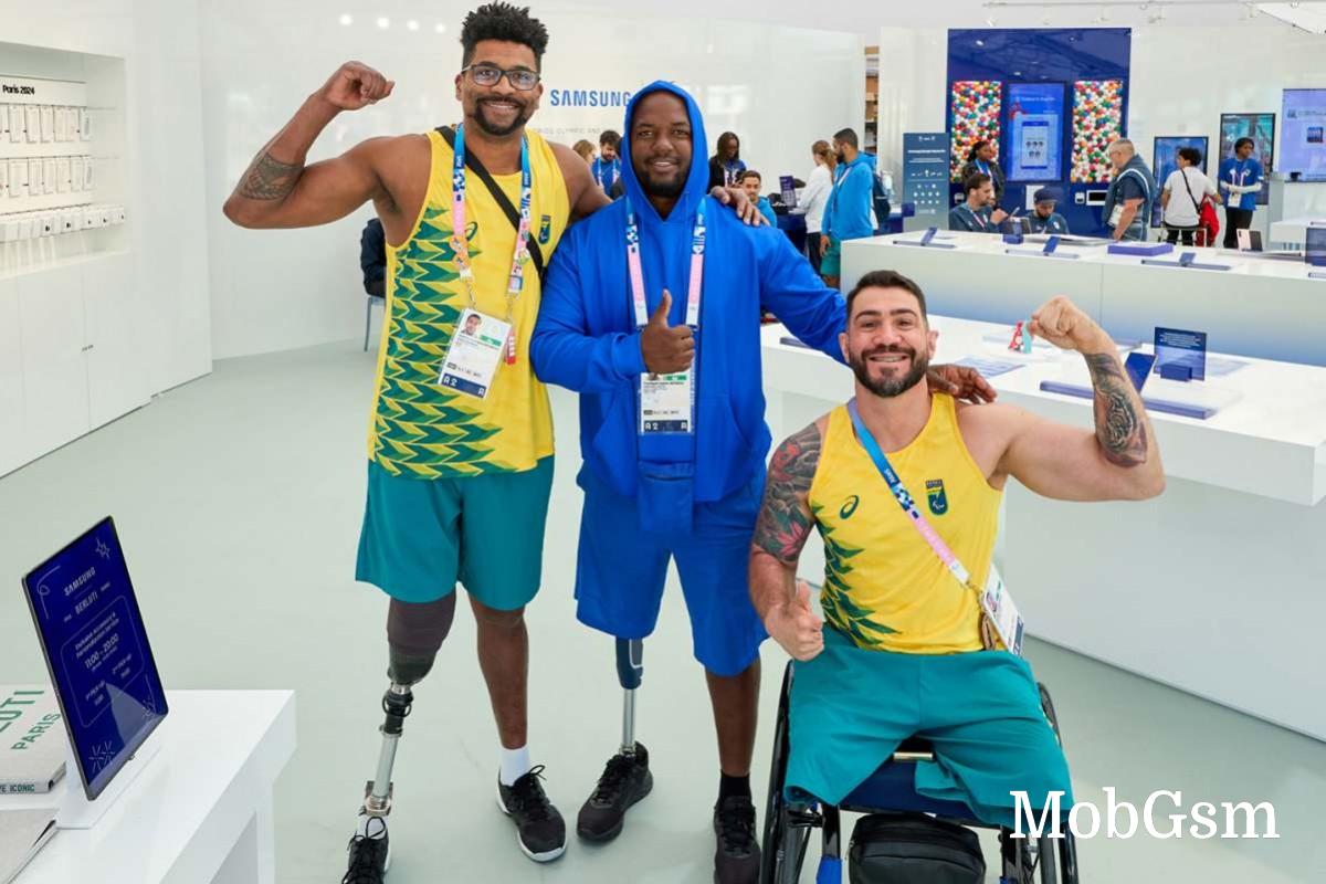 itting Volleyball players from Team Brazil Anderson Rodrigues dos Santos and Daniel Yoshizawa pose with Javelin Thrower from Team Cabo Verde Marilson Fernandes Semedo