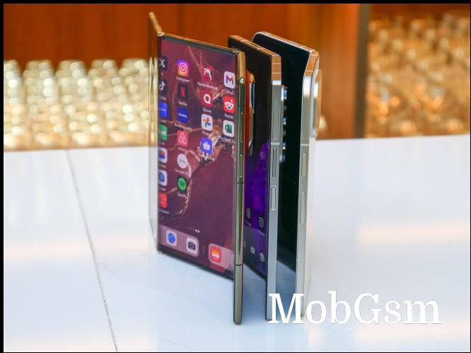 Huawei Mate XT (front) Samsung Galaxy Z Fold6 (middle) and Google Pixel 9 Pro Fold (back)