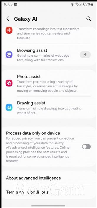 The new Galaxy AI menu in Settings