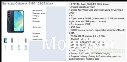 Galaxy A16 5G key specs and render