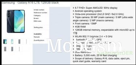 Galaxy A16 4G key specs and render