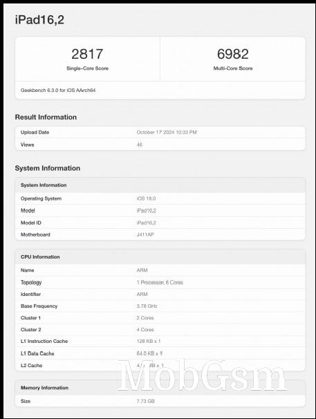 iPad mini (2024) Geekbench listing