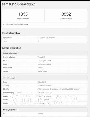 Samsung Galaxy A56 (SM-A566B) scorecard from Geekbench 6.2.2