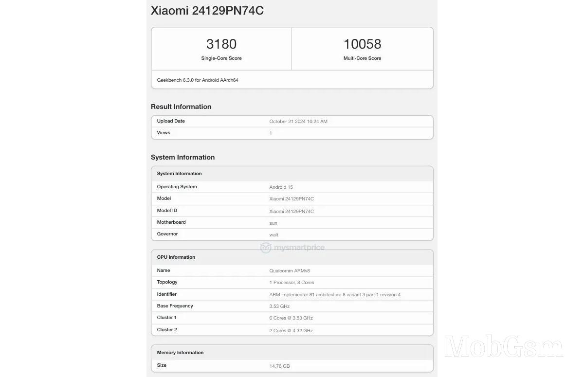 Xiaomi 15 runs Geekbench with Snapdragon 8 Elite and Android 15