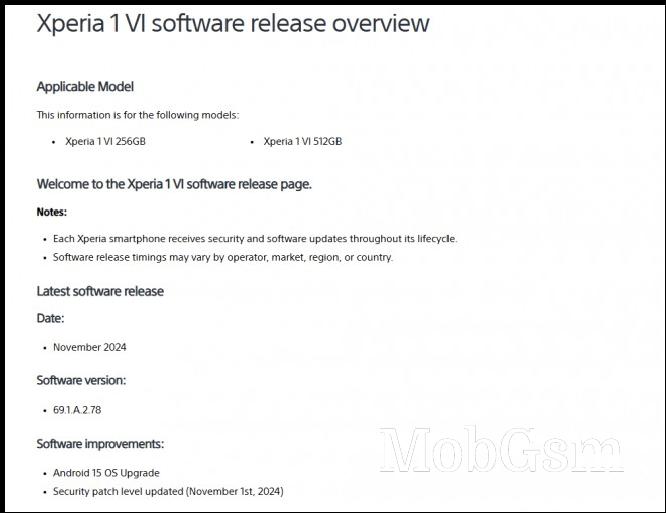 Sony Xperia 1 VI receives Android 15 (69.1.A.2.78)