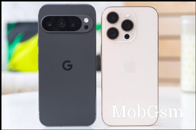 Pixel 9 Pro with its camera visor (left) next to iPhone 16 Pro and its triangular camera setup (right)