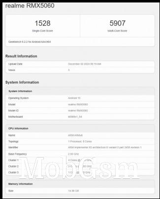 Realme Neo7 (RMX5060) details from Geekbench 6.2.2