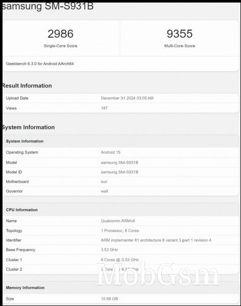 Samsung Galaxy S25 international model on Geekbench