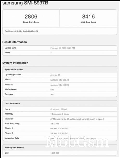 Galaxy S25 Edge (SM-937B) on Geekbench