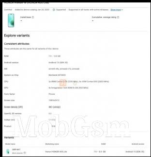Honor 400 Lite listing on Google Play Console