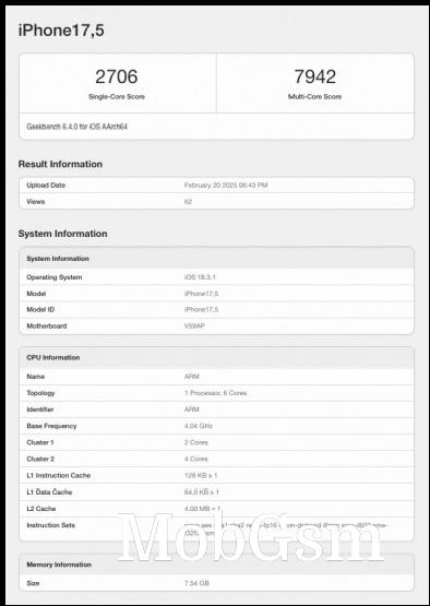 iPhone 16e on Geekbench