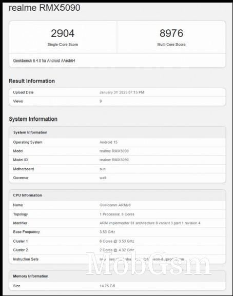 Alleged Realme GT 7 Geekbench 6 listing