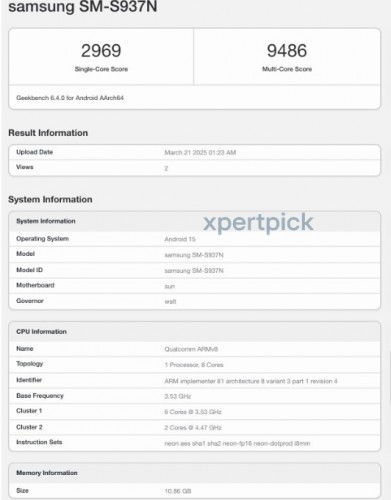 Galaxy S25 Edge (SM-S937N) listing on Geekbench