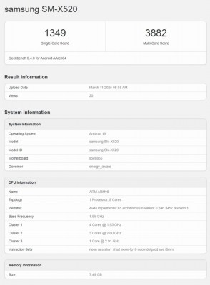 Samsung Galaxy Tab S10 FE runs Geekbench 6.4.0