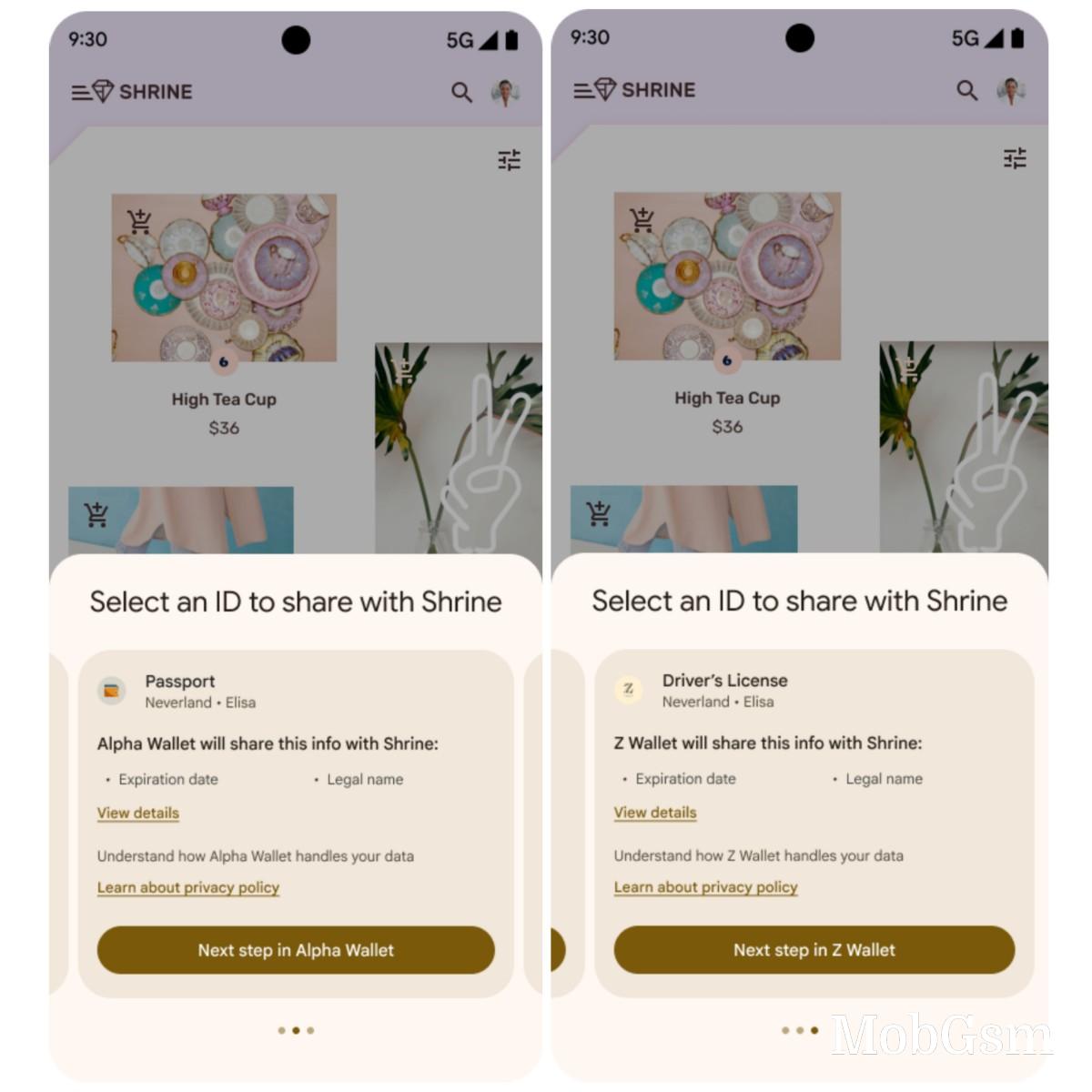 Digital credentials selection interface