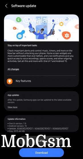 One UI 7 update screen for Galaxy A54
